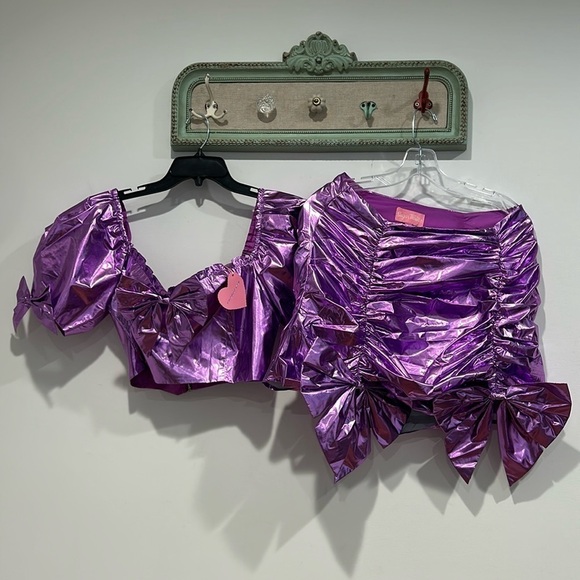 Sugar Thrillz Barbie Let go party metallic purple bow set skirt & crop top large - Picture 2 of 9
